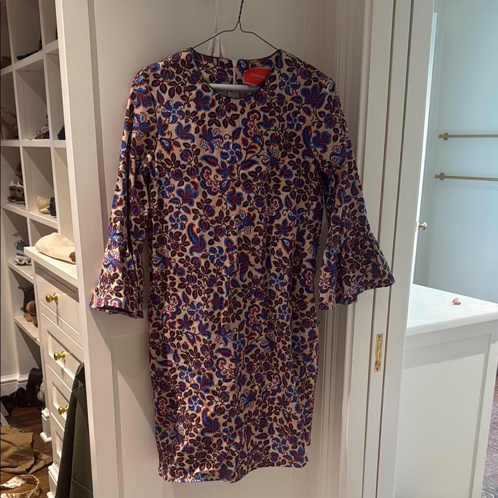 Floral Jacquard Shift Dress in Cream, Blue & Purple